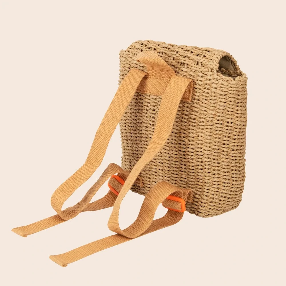 Kids Woven Straw Cottage House Backpack Tan Embroidered Floral Beach Bag